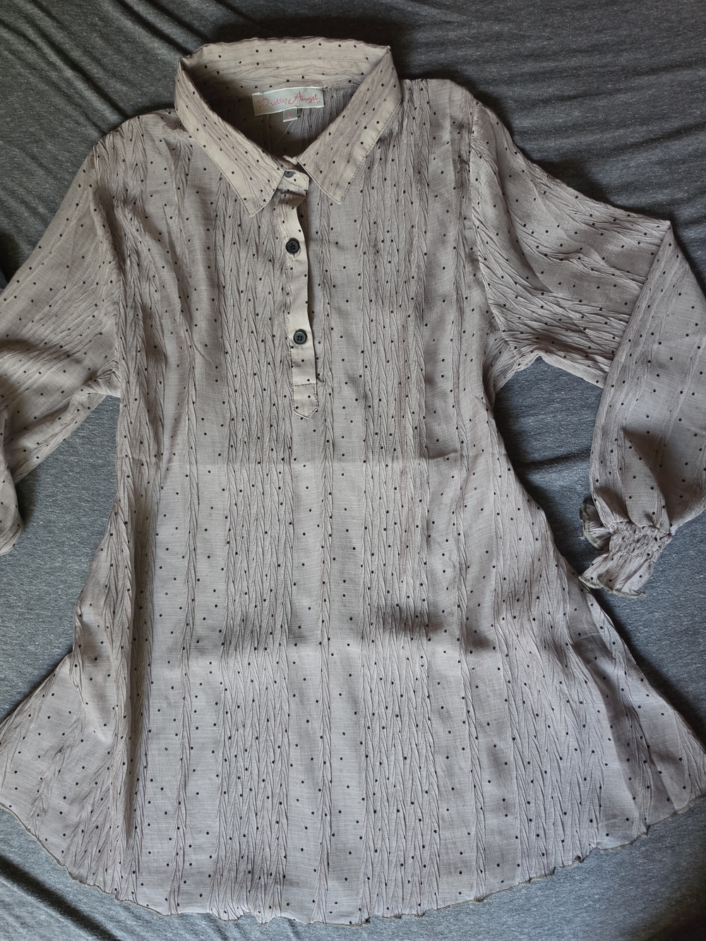 Pretty Angel Taupe Crinkle Polka Dot Blouse Size Large